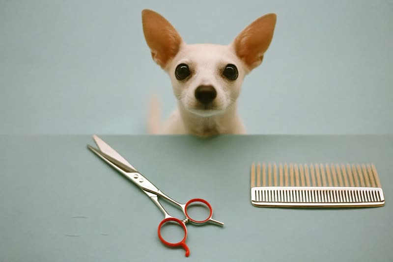 Grooming scissors, brush and comb laid out ready